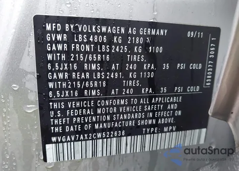 2012 Volkswagen Tiguan S z USA, uszkodzony, nr VIN WVGAV7AX2CW522636